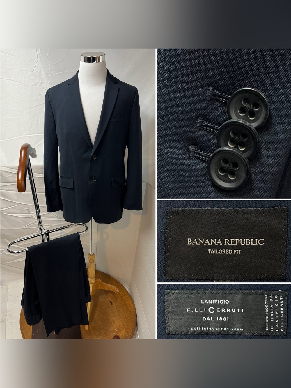 Banana Republic 42R Blazer 33x31 Pants F.LLI Cerruti Navy Tailored Slim Fit Suit
